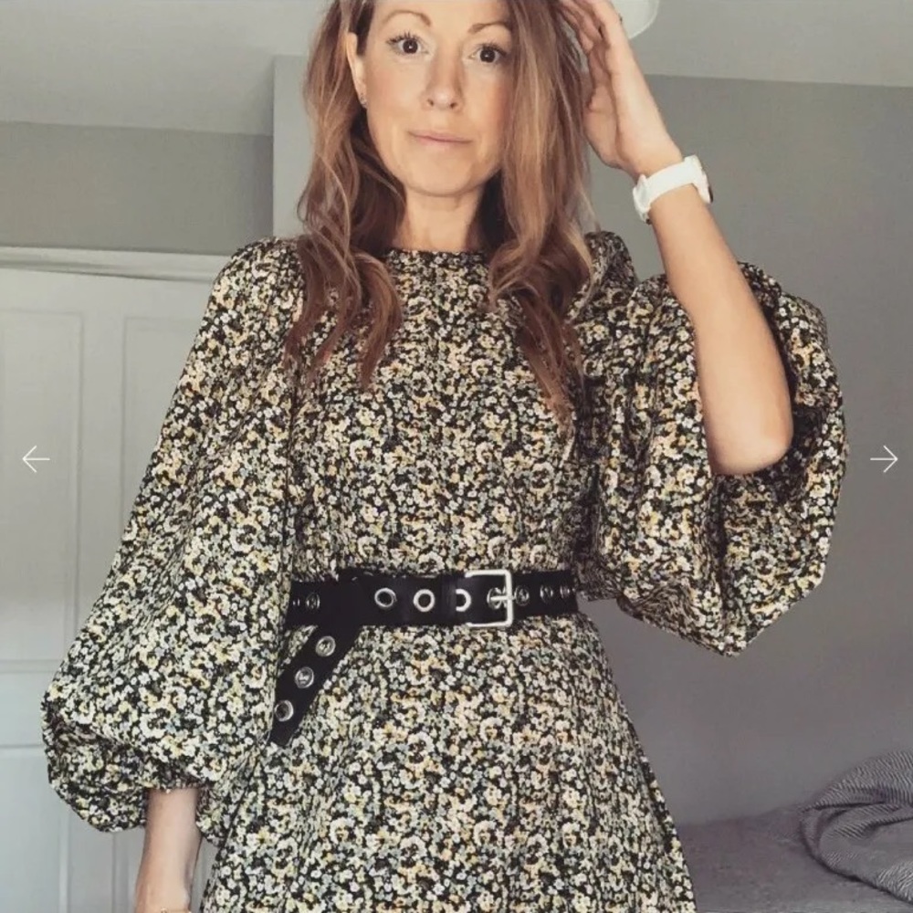 H&M yellow black floral balloon sleeve baby doll dress